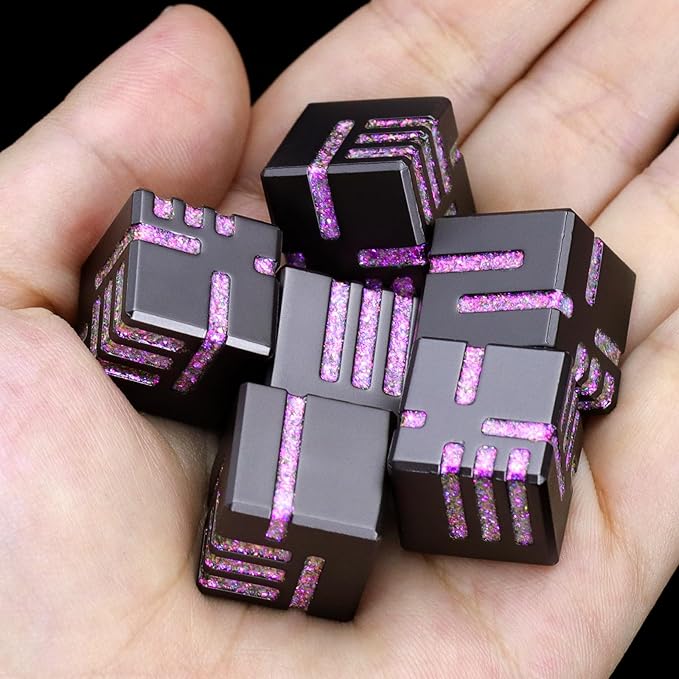 D6 Dice Set of 6 Pcs, 16mm Cool Fancy 6 Sided Dice, Metal D6 for DND, RPG, Dungeons and Dragons (Matte Black & Glitter Purple)