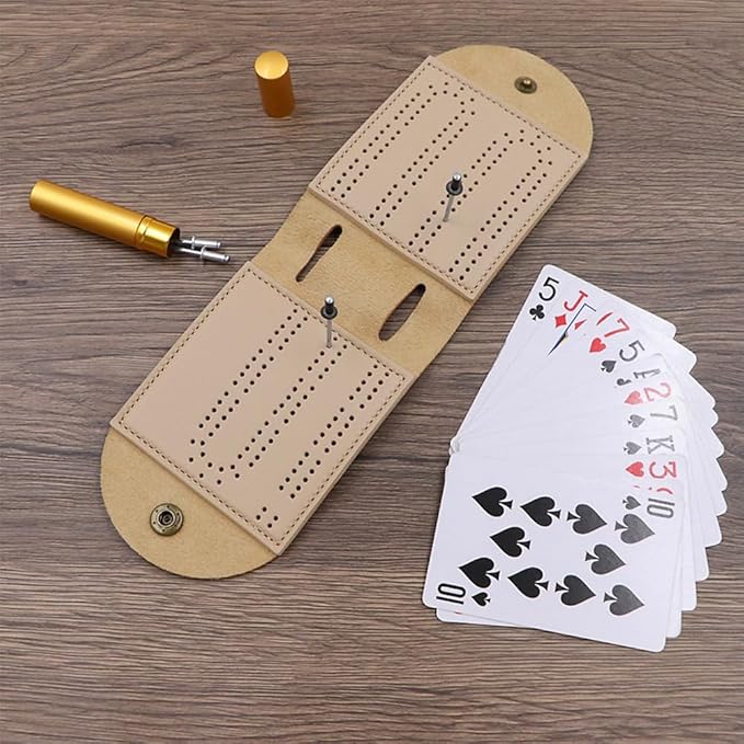 Travel Cribbage Board Game Set, Portable Cribbage Boards Unique 2 Track Cribbage Board, Foldable PU Mini Cribbage Board with 4 Cribbage Board Pegs, Folded:3.14x4.92in,After Unfolding L:10.31in (1Pcs)