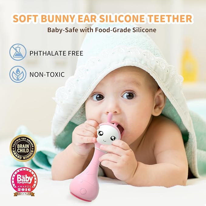 alilo Smarty Bunny Baby Rattle Musical Light Up Toys, Infants Newborns Baby Toys 0-3-6-12-18-24 Months,1 Year Old Boy Girl Easter Gifts, 4 Music Modes and Color Recognition Function with 9 Color Card