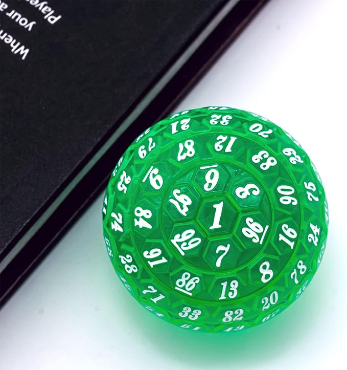 100 Sided Polyhedral Dice, Single D100 Game Dice, 100 Sided Cube with Black Pouch, D100 die 48 mm (Green with White Number)