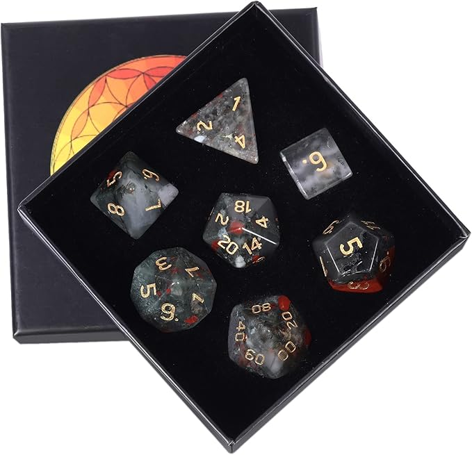 TUMBEELLUWA Engraved Crystal Stone Polyhedral Dice Set for RPG MTG Dungeons and Dragons Table Game 7 Pieces DND Board Game Dices with Pouch, Africa Blood Stone