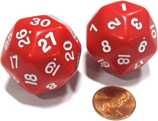 Koplow Games Set of 2 Triantakohedron D30 30 Sided 33mm Jumbo Dice - Red w White Numbers