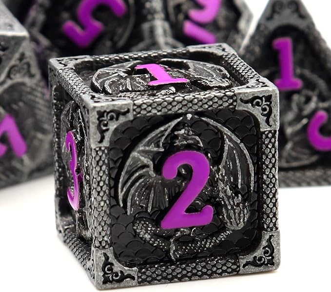 Haxtec Metal DND Dice Set Black Purple Dragon Pattern D&D Dice Set with Leather Dice Bag Metal Polyhedral Dice for Dungeons and Dragons TTRPG Gifts