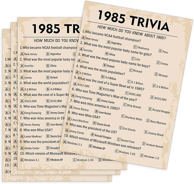 40th Birthday Party Games, 1985 Trivia Games, Birthday Party Supplies for Adults, Fun 1985s Party Game，Pack of 30 Cards