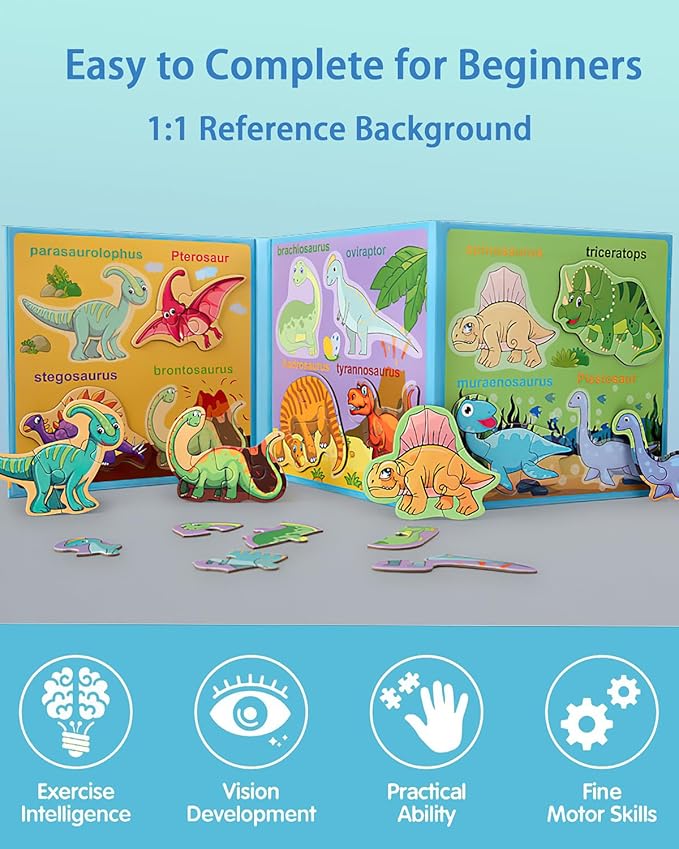 Magnetic Puzzles for Toddlers 2-4, Travel Puzzles Games for Kids Ages 1-3, Dinosaur Activities Toy Wooden Jigsaw Puzzles Book for Boys & Girls 1 2 3 4 5, Learning Magnet Gift for Road Trip (Dinosaur)