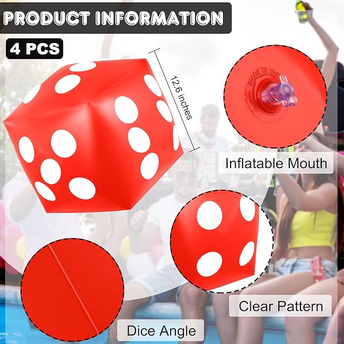4 Pieces Jumbo Inflatable Dice 12.6 Inch Large Inflatable Dice Fun Game Toy for Indoor Outdoor Lawn Swimming Pool Party Favor Board Game Decoration, Red