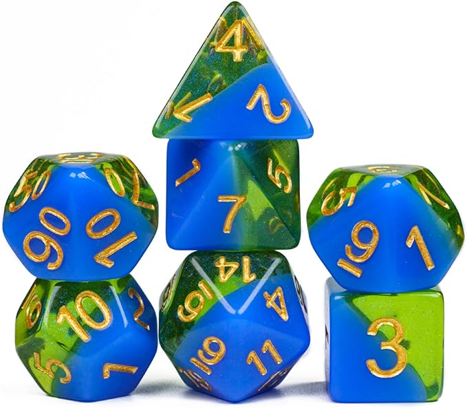 UDIXI 7PCS Glitter Polyhedral Dice Set D&D, Resin DND Dice for Dungeons and Dragons,Other Table Games （Blue and Green）