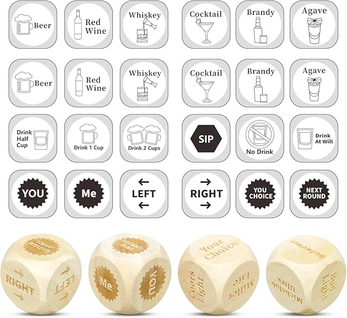 Wood Drinking Dice Game 4 Pcs - Adult Party Funny Games Dices 1.2inch - for Beer Resha Roulette Date Night Drinking Valentine's Day Bachelorette Wedding Graduation