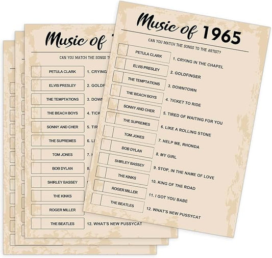 60th Birthday Party Games, Music of 1965 Games, Birthday Party Supplies for Adults, Fun 1965s Party Game，Pack of 30 Cards