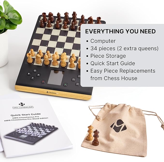 Millennium Electronic Chess Board - ChessGenius Pro Wood Edition - Beginner to Advanced - Interactive Strategy & Learning - Handcrafted Wood Pieces - AI Chess Board - User Friendly - LCD Display