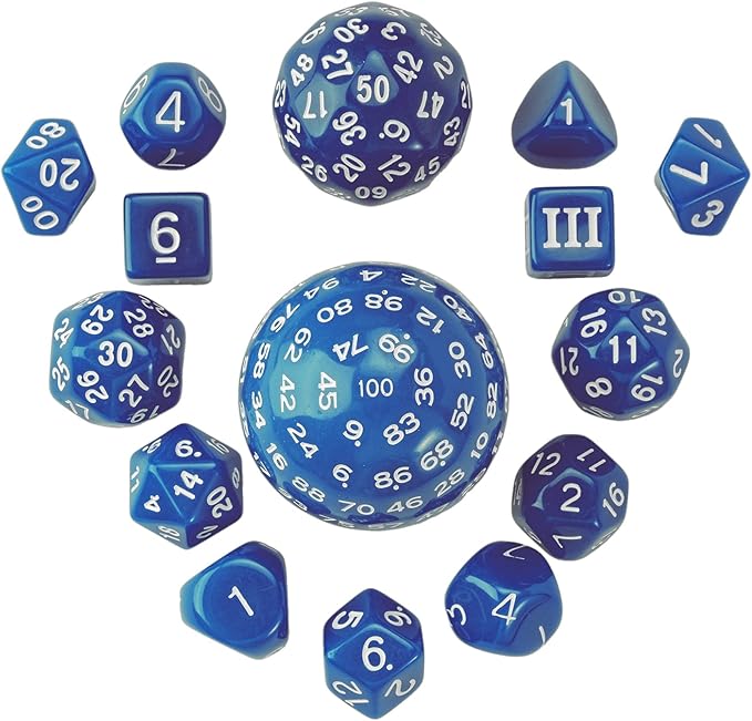 15 Pieces Complete Polyhedral DND Dice Set D3-D100 Spherical D&D Dice Set with Dragon Eye Dice Bag, D100 Dice for Dungeons and Dragons, RPG, MTG Table Games(Blue w/White Numbers)
