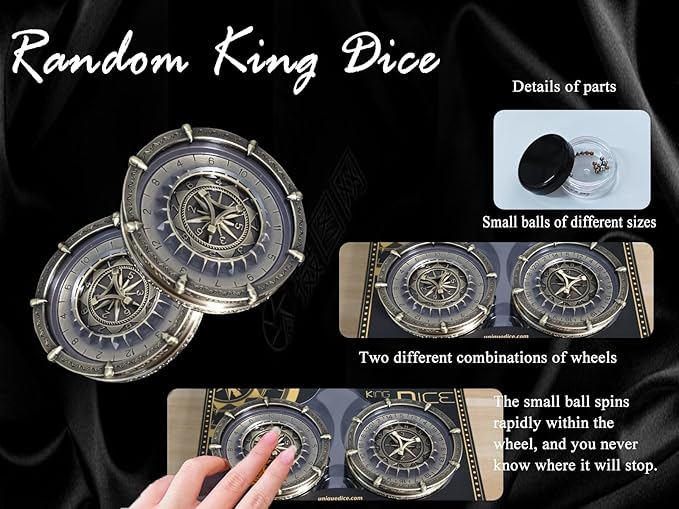 7-in-2 Random King Metal DND dice Spinner for Board Games, Maggie d&d dice Set D20 D12 D10 D% D8 D6 D4, Support 30+ Gameplay Options