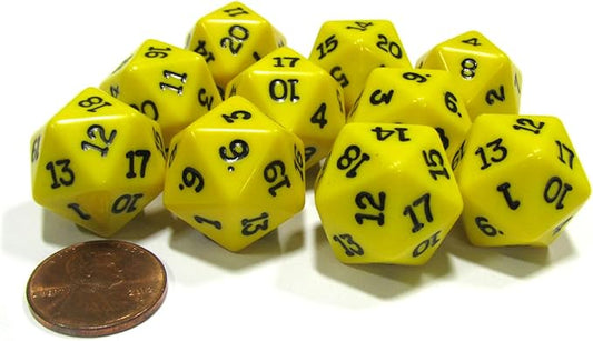 Koplow Games Set of 10 Twenty Sided 19mm D20 Opaque RPG Dice - Yellow with Black Numbers Die