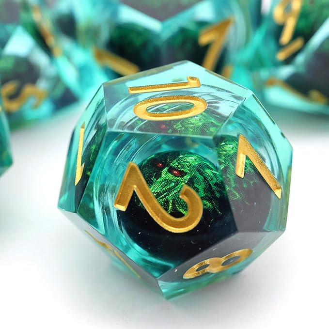 DND Dragon Eye Dice Set 7PCS Handmade Sharp Edge Resin Dice for Dungeons and Dragons Table Games with Gift Case (Rotating Green Eye)