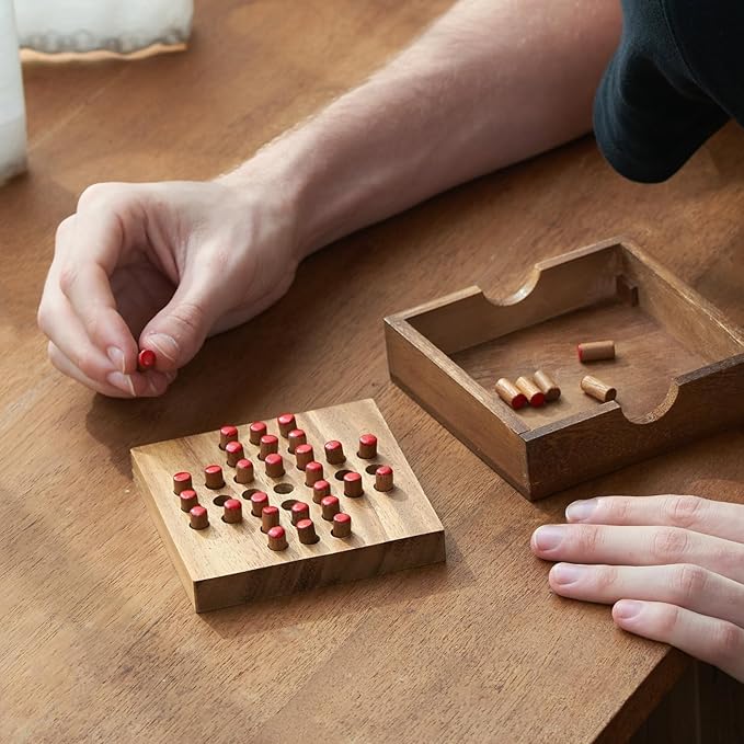 Wood Solitaire Game Classic Peg Solitaire Board Premium Wooden Design Single Player Brain Teaser Strategy Puzzle for Brain Training Tabletop Indoor (Jump All but one)