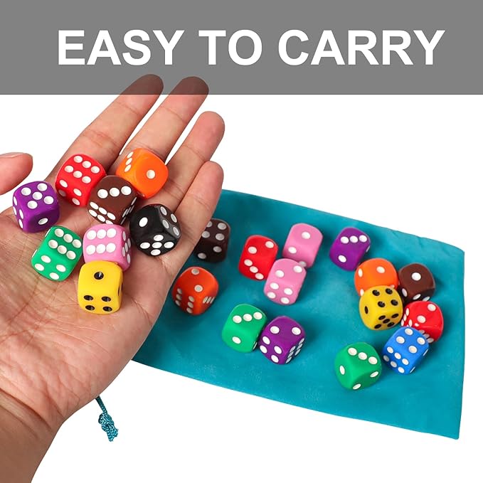 50 Pieces 16mm Colored Dice Set, Bulk Dice in 10 Colors with a Blue Drawstring Storage Bag, 6 Sided Dice for Board Games