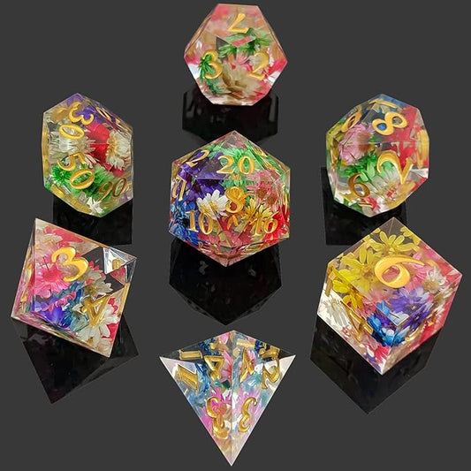Futhark Flower Rain DND Dice: Polyhedral Resin Dice for Dungeons & Dragons, RPGs, and Board Games – 7 Piece Sharp Edge DND Dice Set with Case