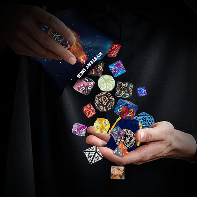 QMAY Polyhedral Dice - 8PCS Mystery Dice Set, Various Styles DND Dice, Random D&D Dice Patterns & Dice Bag, DND Gifts, Suitable for Dungeons and Dragons, RPG, MTG,Role Playing Table Game
