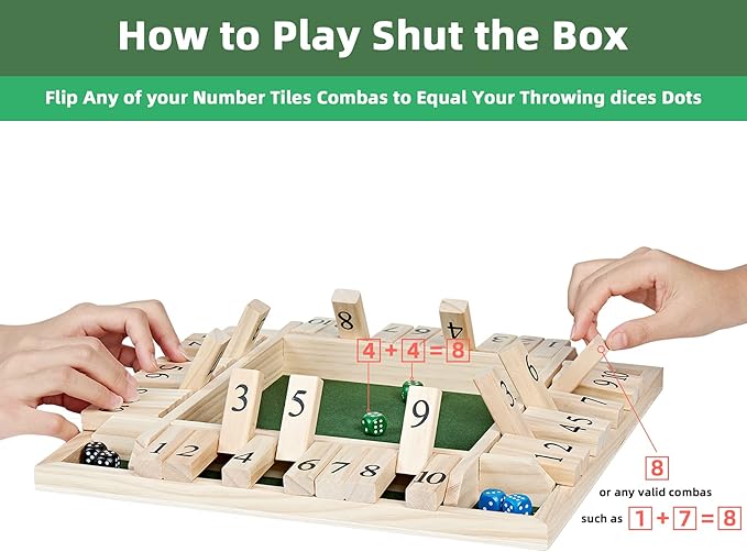 ApudArmis 4-Way Shut The Box 14 Inches, Large Wooden Board Game Set with Dice, Shut-The-Box for Kids & Adults - Learning Addition Classroom Home Party Pub