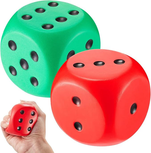 Zomiboo 2 Pcs Large Foam Dice Stress Balls Soft Jumbo 6 Sided Giant Dice Educational Learning Squeeze Anxiety Relieve Toy Gifts for Adults Kids Board Game Classroom(Red, Green,2.3 Inch)