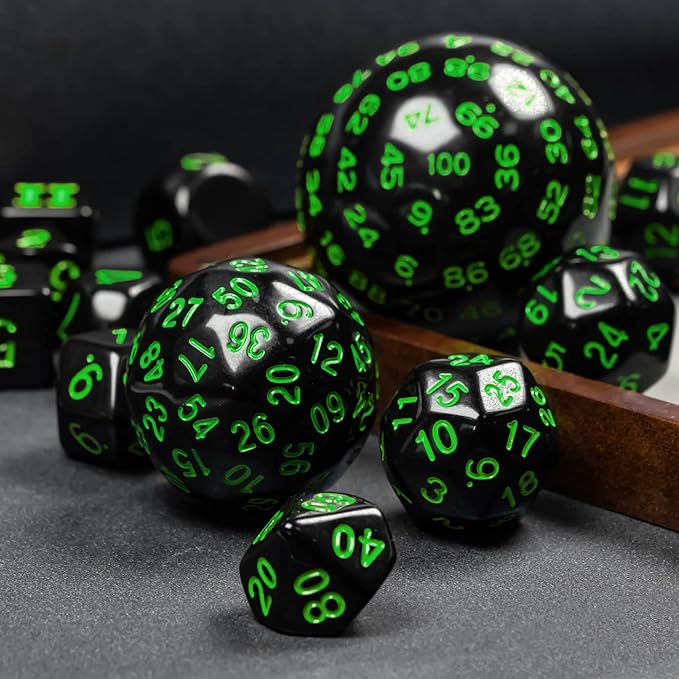 15 Pieces Complete Polyhedral DND Dice Set D3-D100 Spherical D&D Dice Set with Dragon Eye Dice Bag, D100 Dice for Dungeons and Dragons, RPG, MTG Table Games(Black w/Green Numbers)