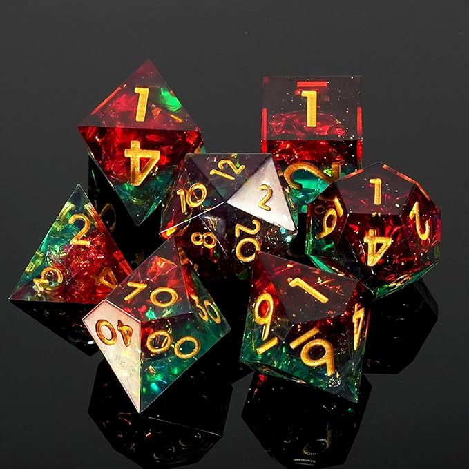 DND Dice Set Sharp Edged Dice Set of 7 DND Faceted Dice Golden Numbers and Beautiful Iron Box Perfect for Dungeons & Dragons RPG and Board Game(Red Green and Gold)