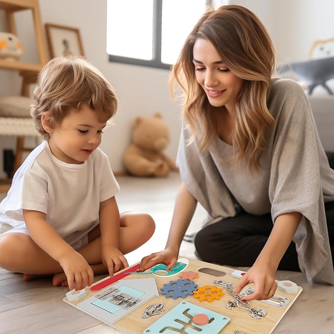 Montessori Busy Board for Toddlers 1-3, Double-Sided Wooden Sensory Toys, Preschool Learning Activities for Fine Motor Skills Travel Toy for 1 2 3 Years Old Kids Boys Girls (Style 1)