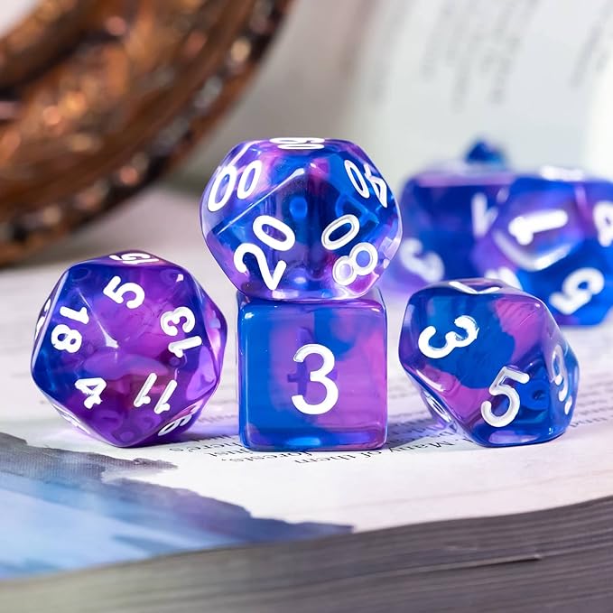 7-Die DND Dice Set Polyhedral Dice Set with a Leather Dice Bag, D&D Dice Set for Dungeons and Dragons, RPG, MTG Table Games (T/Purple Blue)