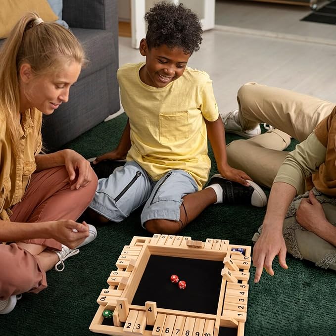 GSE Games & Sports Expert 1-4 Player Wooden Shut The Box Dice Board Game with 8 Dice. 4-Way 10 Numbered Shut The Box Set of Popular English Pub Board Game - Natural Wood