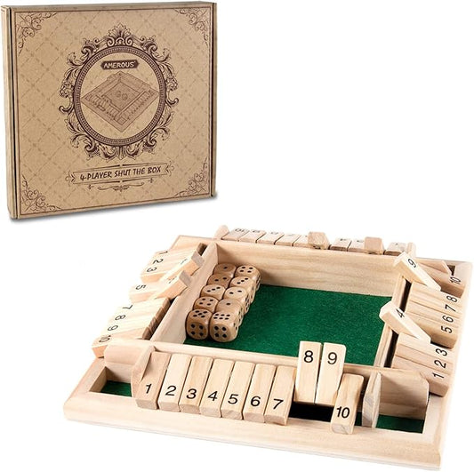 AMEROUS 1-4 Players Shut The Box Dice Game,Classic 4 Sided Wooden Board Game with 10 Dice and Instructions for Kids Adults, Tabletop Version