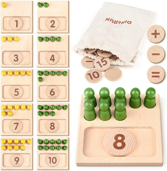DINORUN Educational Toys for 3 4 5 Year Old Boy Girls Gifts - Preschool Learning Math and Numbers for Toddler 3+ - Math Manipulatives for Kids 3-6 - Montessori Wooden Counting Peg Board Materials