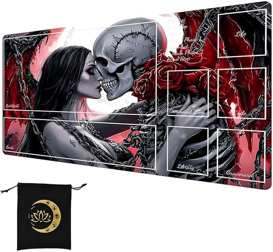 for MTG Playmat with Zones, Rubber Anti-Slip Back Waterproof Surface Easy to Clean, Stitched Reinforced Edges for Magic playmats with Storage Bag, Red Rose Skull Love