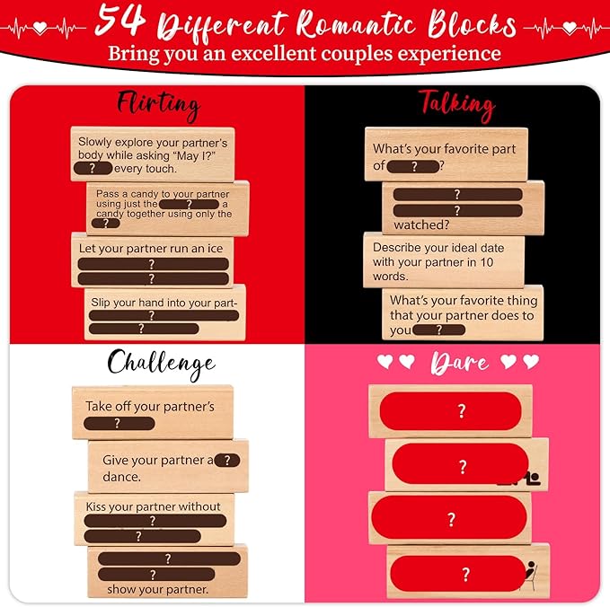 Super Fun Couples Tumble Tower Game for Grown Ups, 54pcs Exciting Date Night Stacking Wooden Blocks Talking Challenge Dare Romantic Anniversary Games for Your Partner, Only Grown Ups 17+