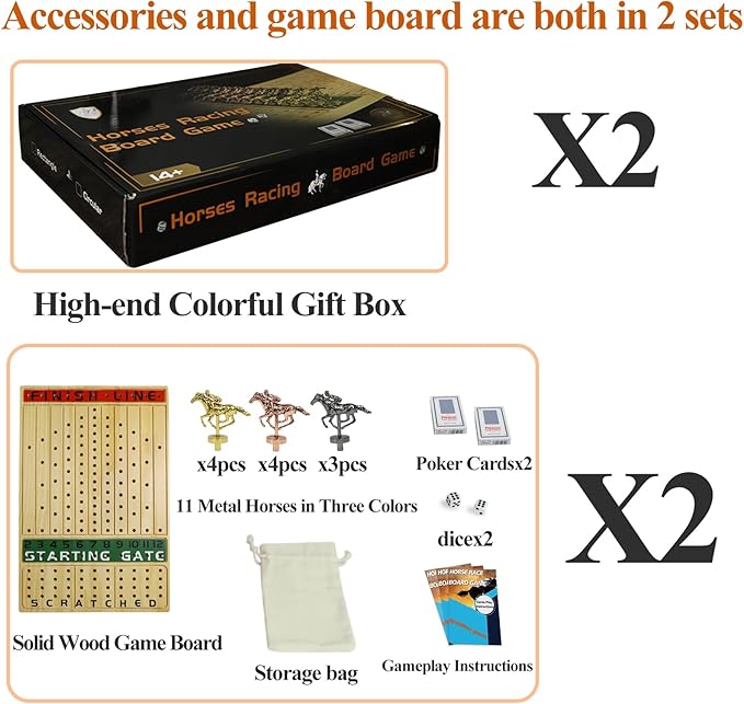 2 Pack Metal Horse Racing Board Game Card Board Game Finish Line Luxury Edition Solid Wood Race Game Board 11 Batches of Metal Model Horses 2 Sets of Dice and 2 Boxes of Cards (Log)…