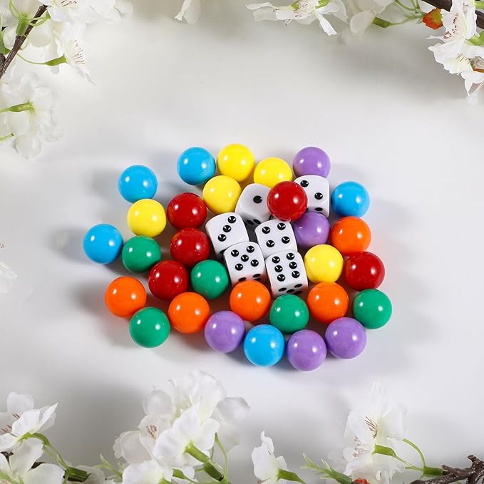 30Pcs 14MM Wahoo Board Game Replacement Marbles 6 Colors Aggravation Marbles with 6 Dices and 1 Storage Bag for Aggravation Wahoo Board Game