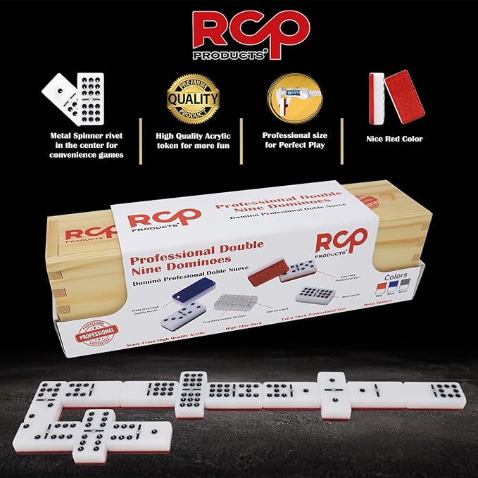 Double Nine Dominoes Professional, High Gloss Dominoes Set in Wood Box, Set of 55 Tiles Color Red