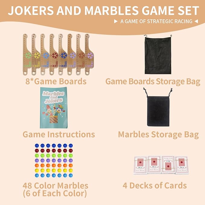 Jokers and Marbles Board Game，Pegs and Jokers Game for 2-8 Player，Wood Board Game with 8 Game Boards 4 Decks of Cards 48 Marbles，Holidays and Casual Social Gatherings