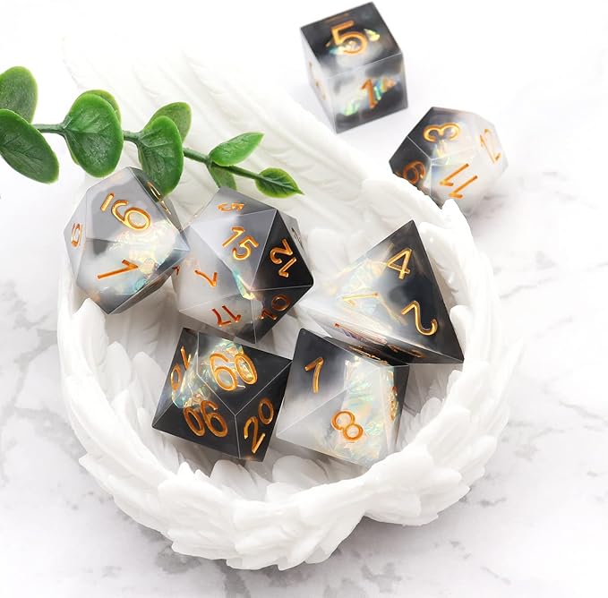 Haxtec Sharp Edge Dice Set DND Dice Black and White Resin Dice Iridecent Mylar Galaxy D&D Dice for RPG Role Playing Dungeons and Dragons Gift