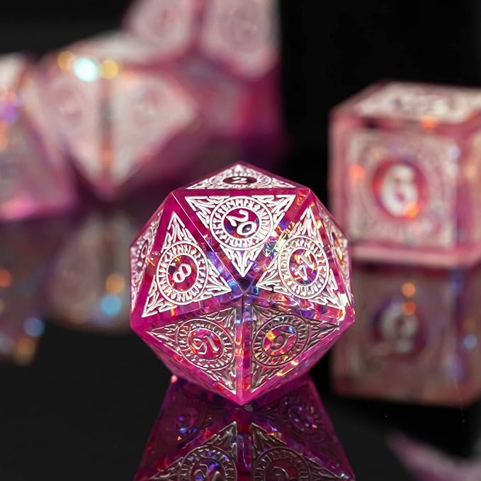 Cusdie 7-Piece Polyhedral DND Dice Set with Sharp Edges, Handcrafted Dice Featuring Rune-Inspired Designs for Role Playing Games Pathfinder (Pink)