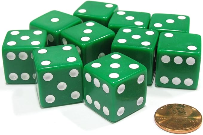 Koplow Games Set of 10 Large Six Sided Square Opaque 19mm D6 Dice - Green with White Pip Die