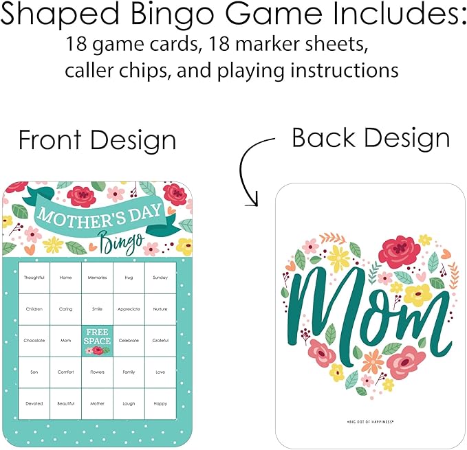 Mother's Day Floral Bingo Game - 18 Cards and Markers Set - Mom Party Card Games, Family Celebration Activity Pack, Interactive Entertainment for Mom's Special Day