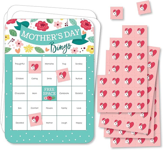 Mother's Day Floral Bingo Game - 18 Cards and Markers Set - Mom Party Card Games, Family Celebration Activity Pack, Interactive Entertainment for Mom's Special Day