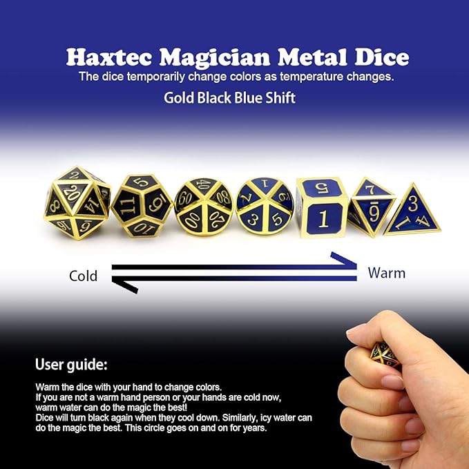 Haxtec Temperature Color Chaning Metal DND Dice Set Gold Blue Polyhedral D&D Dice for RPG Dungeons and Dragons-Gold Black Blue Shift