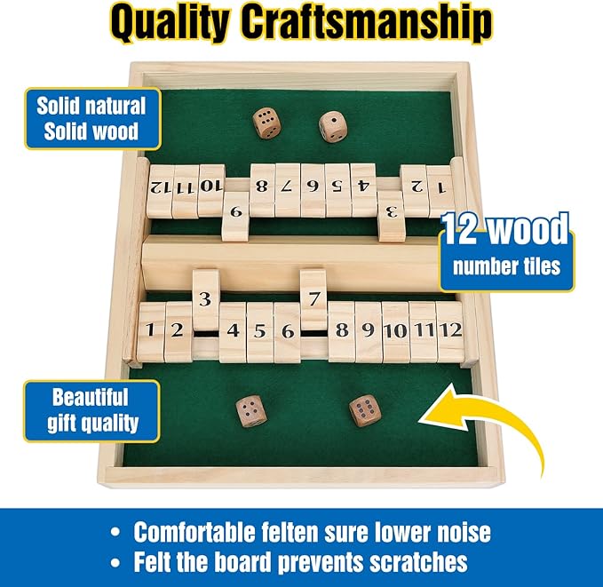 GOTHINK Wooden Shut The Box - Fun Table Math Game with Wooden Board for Adults & Kids - 12 Spots Dice Game with 4 Dices for 2+ Player Games, Popular Pub Board Game, Ideal for Game Night, Travel