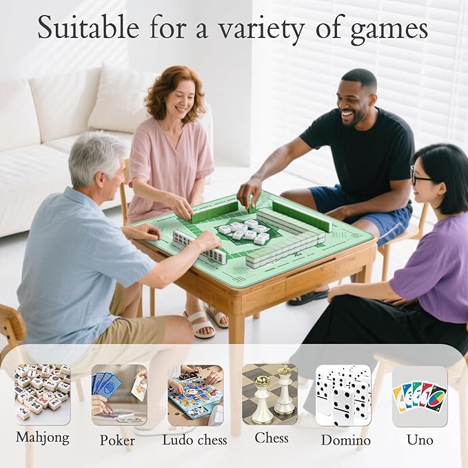Mahjong Mat with Non-Slip & Noise Reduction, 32.4x32.4 Inch Waterproof Mahjong Mat for Table, Stitched Edges, Game Instructions, Foldable Neoprene Game Mat for Mahjong/Board Games/Card Games