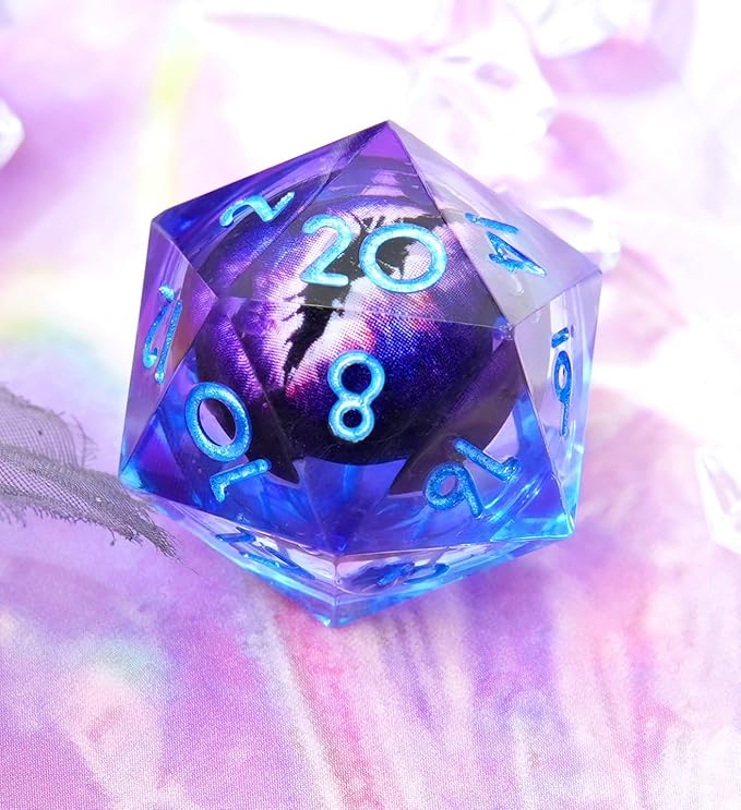 Single Liquid core D20 DND Dice-22MM Dargon Eye 20 sideds Resin Sharp Edged Resin Dice for Dungeons and Dragons, RPG, Polyhedral Roleplaying Games MTG Table Games(Blue Purple)