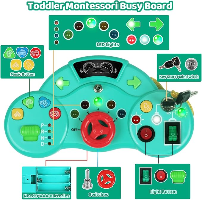 Toddler Busy Board Montessori Toys for 1 2 3 Year Old, Musical LED Light Switch Toys Travel Sensory Learning Toy for Toddlers 1-3, Preschool Educational Activities for Kids 2-4 Boy Girl Birthday Gift