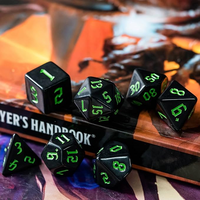 7-Die DND Dice Set Polyhedral Dice Set with a Leather Dice Bag, D&D Dice Set for Dungeons and Dragons, RPG, MTG Table Games (Black)
