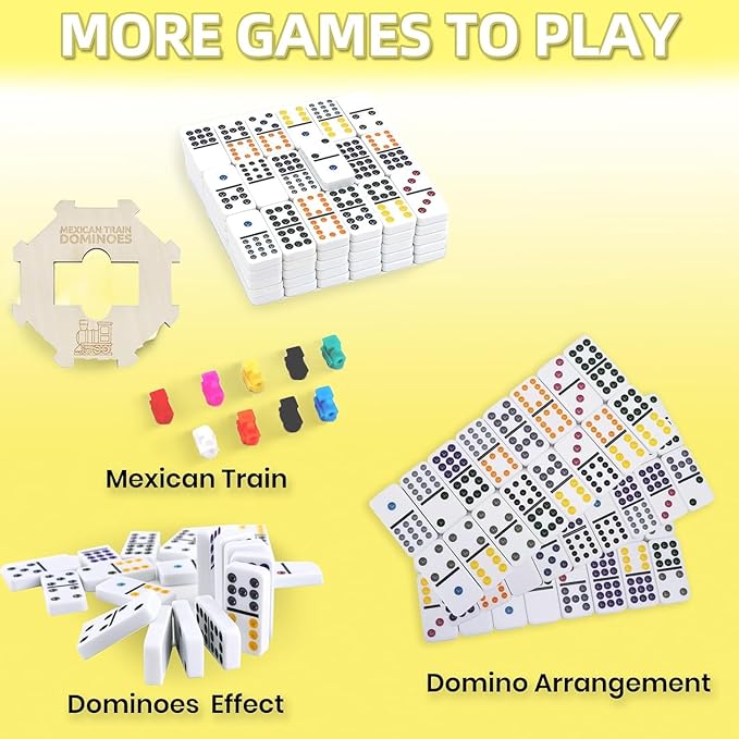 Mexican Train Dominoes Set with Numbers and 4 Wooden Trays/Racks, Double 12 Dominos Travel Set with 4 Tiles Holders, 91 Tiles Double 12 (Mexican Train Dominoes Set with 4 Racks)