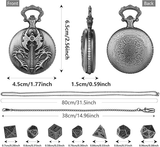Mini DND Dice Set with Double Headed Dragon(Top Double-Sided Axe) Pocket Watch Case, 7-PCS Polyhedral Metal D&D Dice, DND Gifts with Gift Box, Role Playing Game Board Game Accessories Dice, Silver
